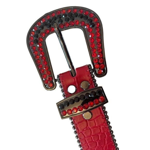 Red Black Rhinestone Western Cowgirl Cowboy Leather Belt Diamond Studded XS 40” - Picture 2 of 6